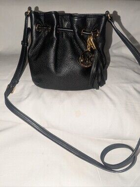 Michael Kors Jules Black Pebbled Leather Bucket Crossbody with Tassel Charm